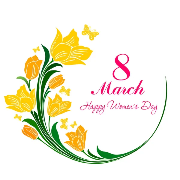 Boldog Nők Napi Kártya Virágokkal Levelekkel Vektor Illusztráció — Stock Vector