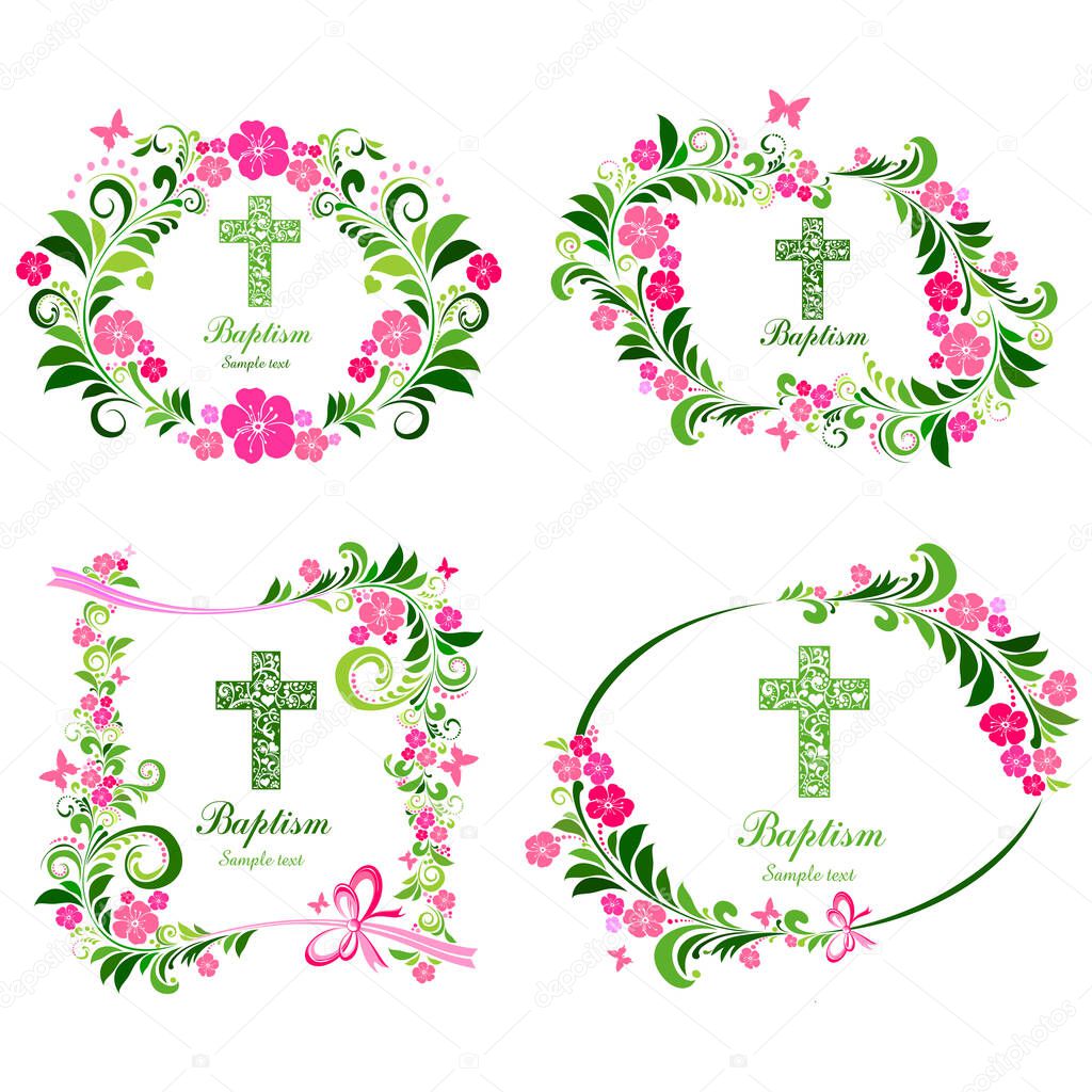 Baptism Card Design with Cross. Obituary notice - art deco frames with cross. Collection of Christian Symbol design elements isolated on White background. Vector illustration