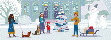 Winter urban landscape. City with snow. Christmas and new year. Old european town. Cityscape. People walk on festive Christmas city street. Cartoon urban cityscape with decorated houses. Vector