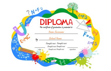 Physics. Certificates school Kids Diploma certificate background from scientific formulas. Flat icon concept vector illustration collection. Diploma template for students, Certificate of kids diploma