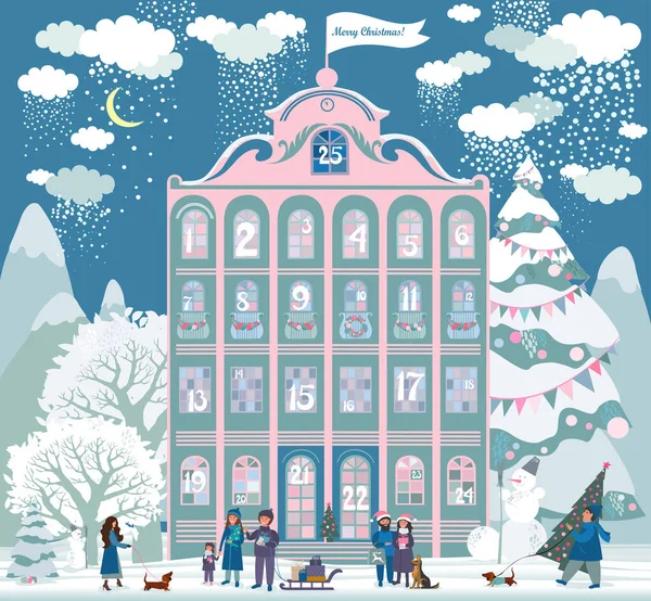 Advent calendar. Christmas house with winter holidays countdown windows. Merry Christmas poster. Holiday design, decor. Xmas tree, snowman and gifts, presents, star. Winter holiday Vector illustration