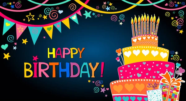 Happy birthday card. Birthday cake. Celebration black background with candle, Birthday cake, gift box, stars, garland and place for your text. Greeting, invitation card or flyer. Vector Illustration