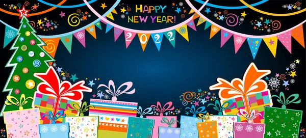 Happy New Year Greeting Card Celebration Blue Background Gift Box — стоковый вектор