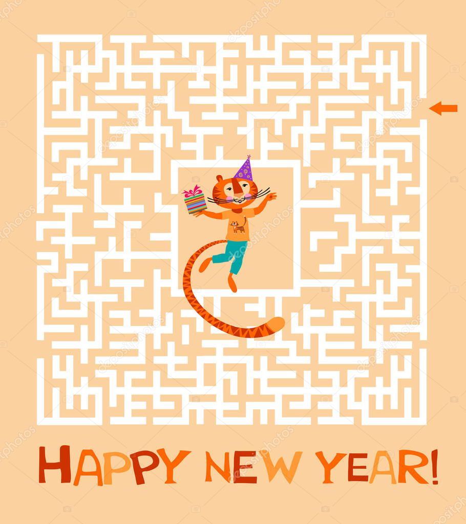2022 New Year's card of the tiger year. Simple maze illustration of a tiger. Maze. Christmas maze game for preschool and school kids. Puzzle for children. Vector illustration.