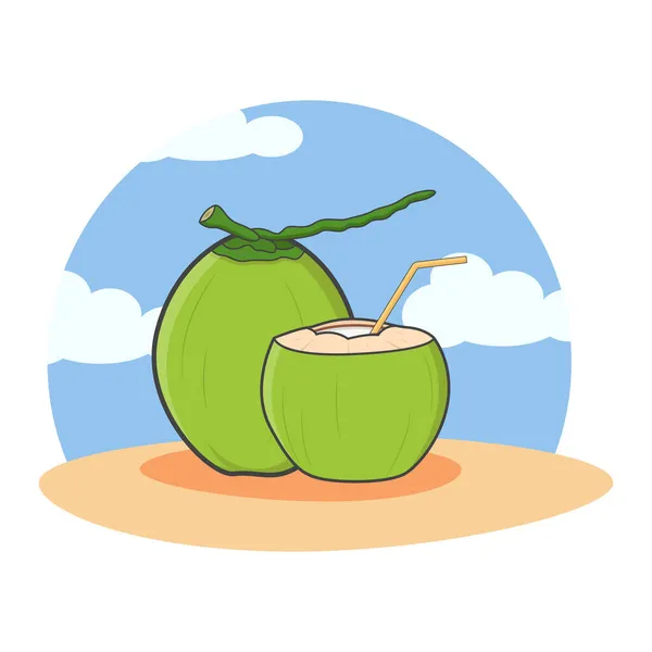 Green Coconut Green Coconut Cut Open Cartoon Vector Graphics — Stock Vector