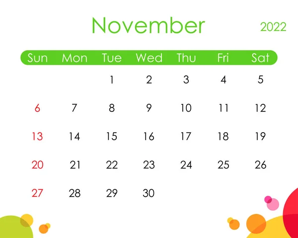 Listopad 2022 Vektorová Grafika Kalendáře — Stockový vektor