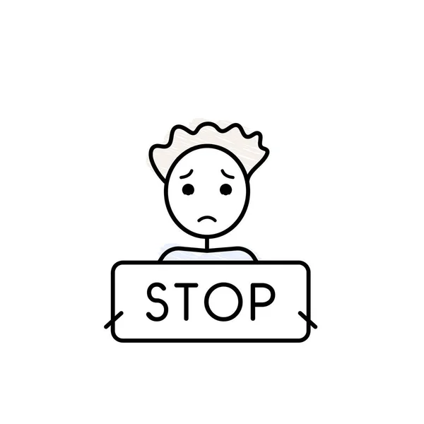 Arrêtez la bannière de guerre, personnage garçon triste tient une illustration vectorielle de plaque — Image vectorielle