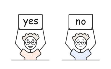 evet ve hayır beyaz afiş, iyimser ve kötümser, vektör karalama çocuk karakteri