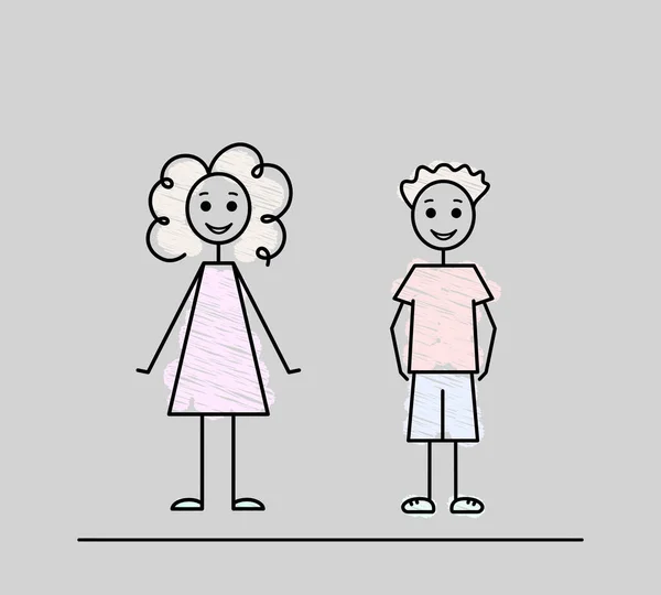 Happy girl and boy pencil drawing black outline doodle vector illustration — Stock Vector