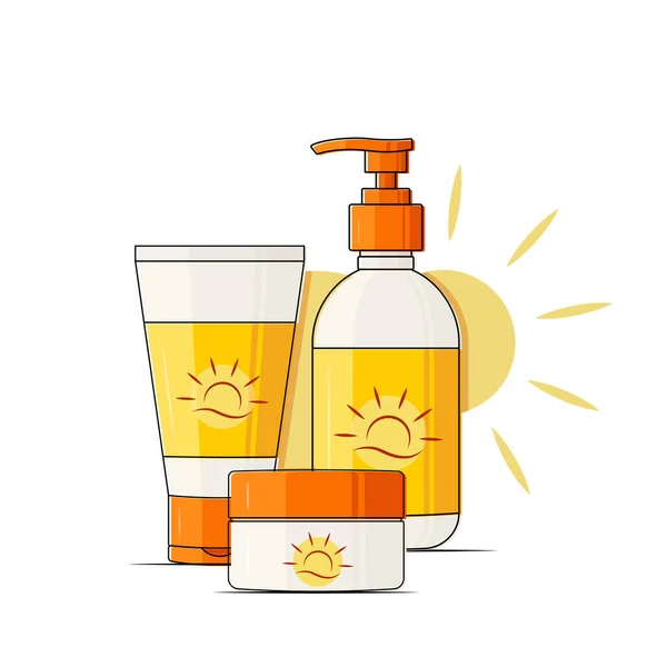 Solskyddsmedel hudvård produkt set, sommar kosmetika, spf formel, orange sol etikett vektor illustration — Stock vektor