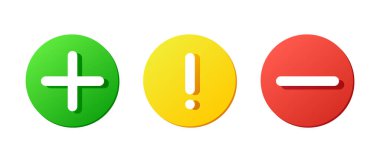 Artı ve eksi simgeler kümesi, pozitif ve negatif semboller, ünlem yuvarlak düğmeler, işaret vektör simgesi, yeşil kırmızı