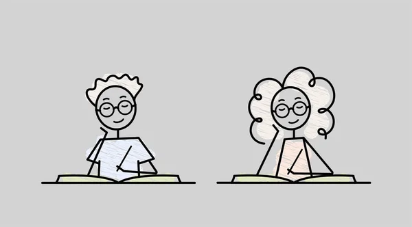 Sketch Vector Illustration Smart Couple Reading School Studying Desk Pencil — 스톡 벡터