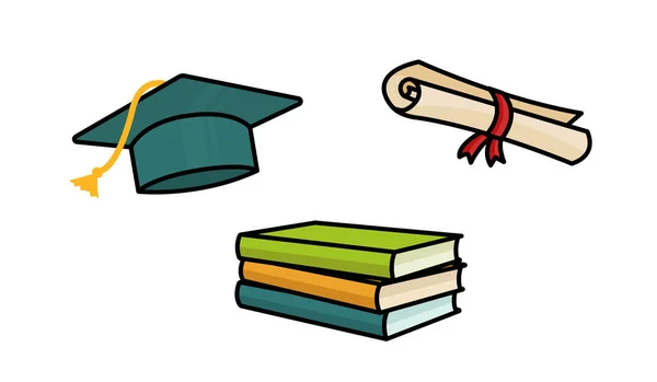 Hat Scroll Books Graduation Icon Set End School Day Graduation — 스톡 벡터