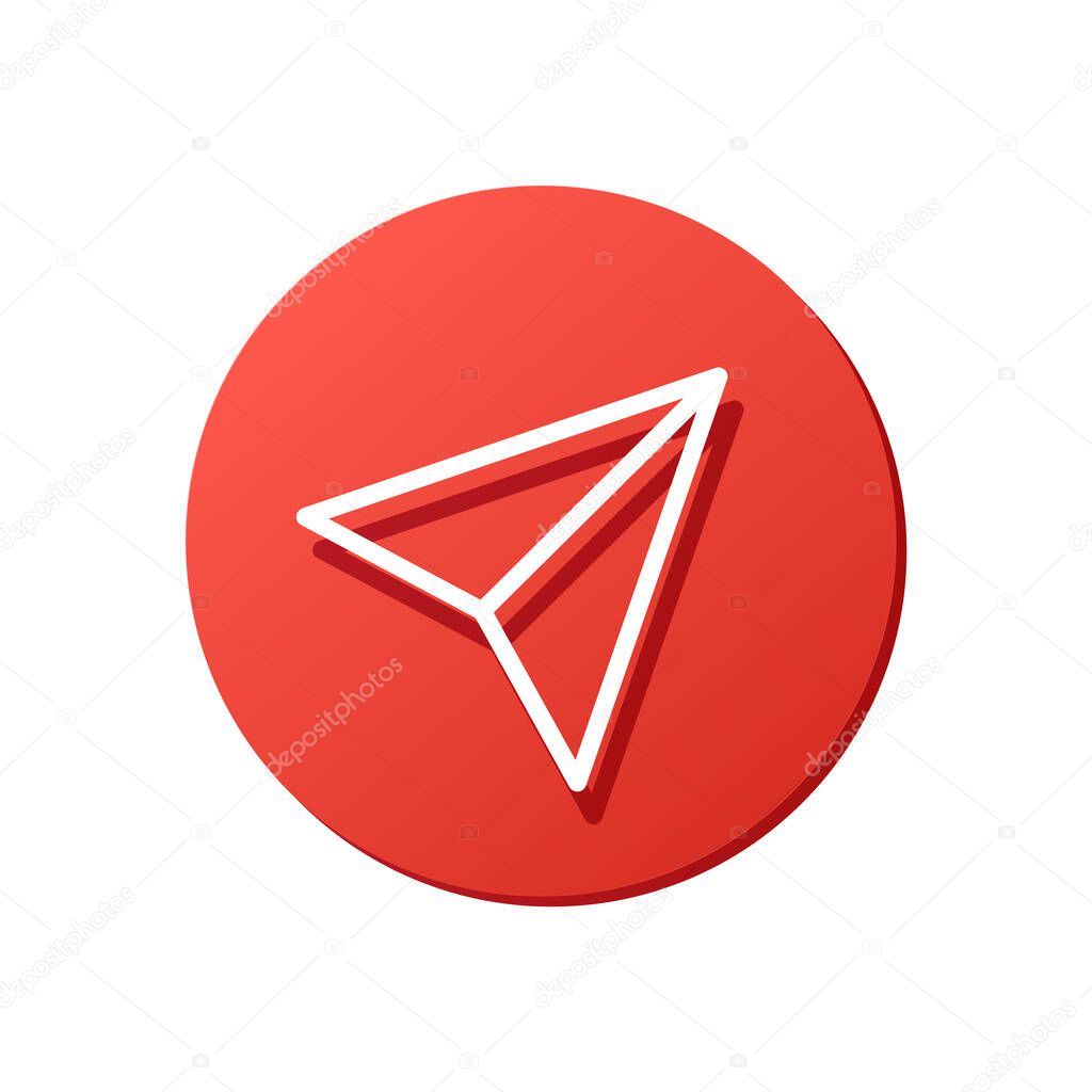 send message vector icon, share symbol red rounded button, paper plane white line silhouette