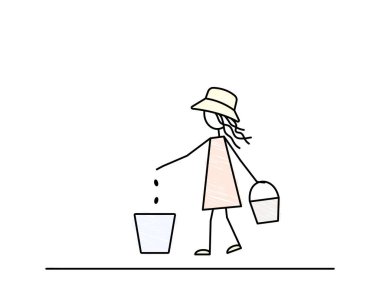 Kız tohum ekiyor, takvim ekiyor, tohum ekme zamanı, yaz bahçesi ipuçları, çizgi film karakteri, çiftlik dergisi için vektör çizimi, siyah çizim, kalem çizim tarzı.