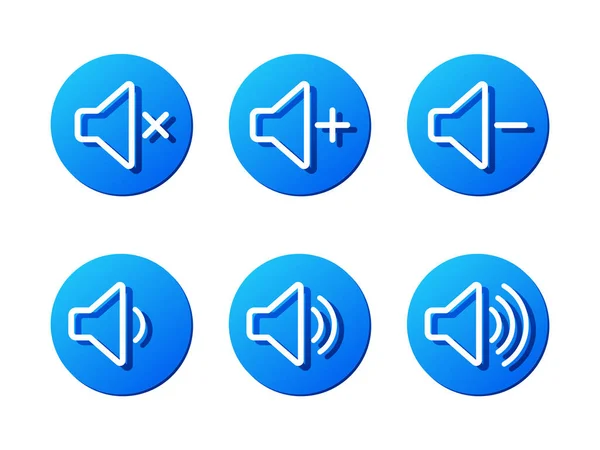 Sound button set, blue rounded icons sound on and off, volume up and down, mute, loudspeaker sign, web icon — ストックベクタ
