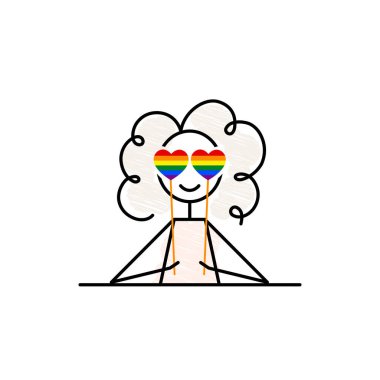 LGBT Pride Month, the rainbow flag heart shape glasses, cute curly little girl holding colorful hearts, in love simple doodle vector illustration, black not editable line