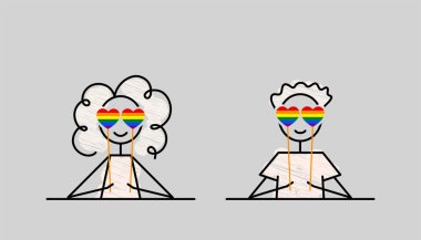 LGBT Pride Month, the rainbow flag heart shape glasses, cute characters holding colorful hearts, in love simple doodle vector illustration, black not editable line