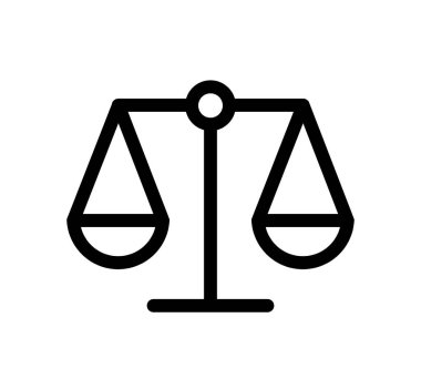 Siyah çizgi vektör simgesi, adalet sembolü, ağırlık dengesi, kanun işareti, beyaz arkaplan