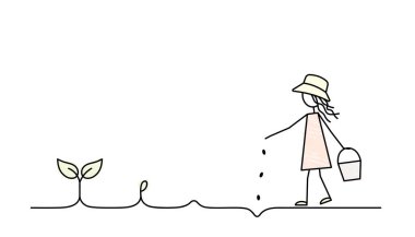 Bitkiler adım adım nasıl büyür, yeni başlayanlar için bahçe, çocuklar için, kız tohum ekiyor, basamak ekiyor, tohum ekme zamanı, yaz bahçesi ipuçları, çizgi film karakteri