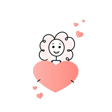 Nezaket bir fark yaratır, kalpleri, özeni ve aşkı paylaşır, hayırseverlik, büyük bir kalp taşıyan tatlı kıvırcık kız, basit karalama vektör çizimi, aşkı paylaşma