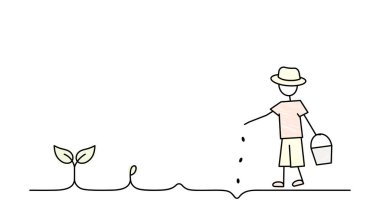 Bitkiler adım adım nasıl büyür, yeni başlayanlar için bahçe, çocuklar için, çocuk karakteri tohum ekiyor, basamak ekiyor, tohum ekme zamanı, yaz bahçesi ipuçları, çizgi film karakteri