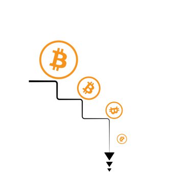 Bitcoin 'in fiyatı düşüyor, bitcoin işareti merdivenlerden düşüyor, kripto para birimi çökme diyagramı, basit vektör çizimi