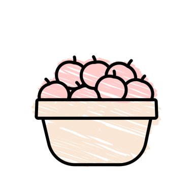 Sepetteki kırmızı elmalar beyaz arka planda izole edilmiş, hasat, karalama siyah çizgi vektör çizimi, el çizimi