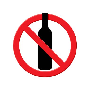 Alkol yok, kırmızı işaret, yasaklı yasaklı vektör simgesi, yasaklı işareti, kırmızı çizili kırmızı bir çemberde yassı ikon şarap şişesi silueti.