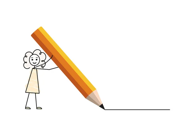 Curly Little Girl Writing Giant Pencil Back School Vector Illustration — Vector de stock