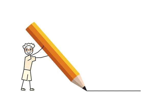 Curly Little Guy Writing Giant Pencil Back School Vector Illustration — Stockvektor