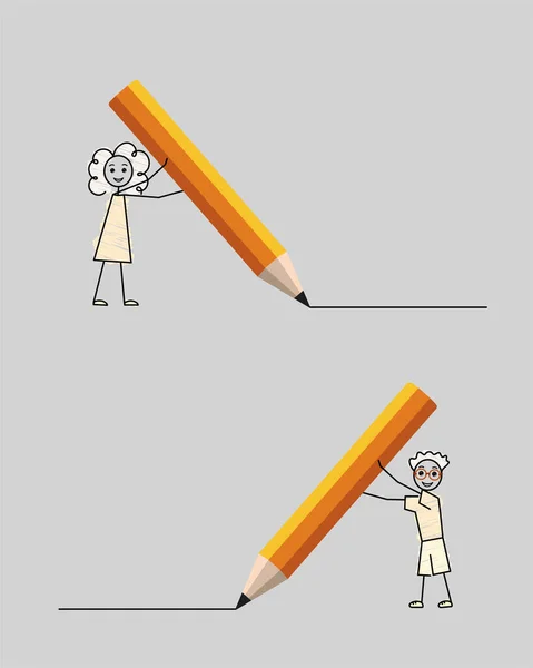 Curly Little Girl Boy Writing Giant Pencil Back School Vector — Stockvektor