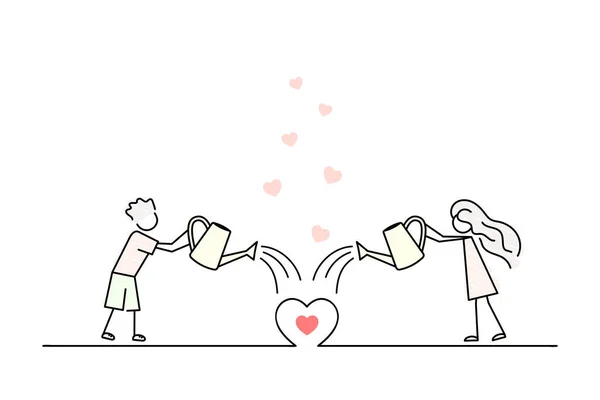 let your love grow tall, young couple watering a small heart, black line simple vector illustration, pencil drawing style