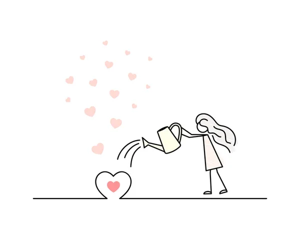 Mignonne Petite Fille Est Arroser Une Plante Amour Symbole Coeur — Image vectorielle