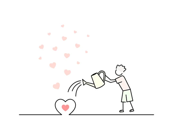 Mignon Petit Garçon Est Arroser Une Plante Amour Symbole Coeur — Image vectorielle