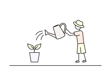 Şirin küçük adam bitkiyi suluyor, çevre bakımı, dünya günü, doğayı kurtarma, bahçede çocuk işi, yaz mevsimi siyah çizgili kalem çizimi çizimi.