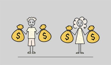 Para kazan, zengin erkek ve kadın karakterler para çantaları, genç kız ve erkek para çuvalları, çizimler, basit siyah çizgi çizim vektör çizimleri