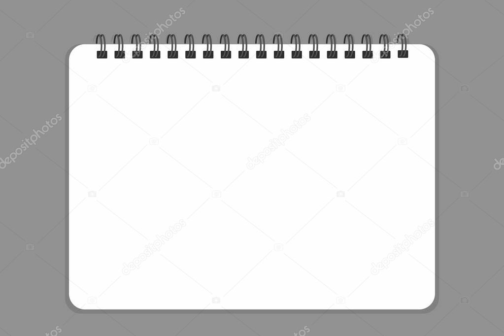 spiral bound notebook mockup, horizontal blank sketchbook, template or mock up for your sketch, simple vector illustration, grey background