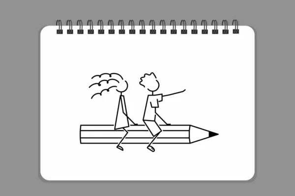 Повернутися Школи Простий Ескіз Малюнок Кліп Арт Щасливі Студенти Літають — стоковий вектор