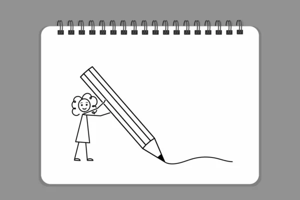 Kręcone Dziewczynka Pisanie Gigantyczny Ołówek Powrotem Szkoły Wektor Ilustracji Szkic — Wektor stockowy