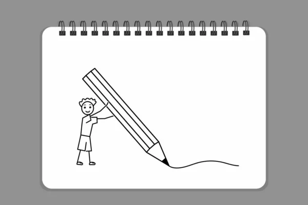 Drawn Boy Giant Pencil Back School Vector Illustration Doodle Style — стоковый вектор