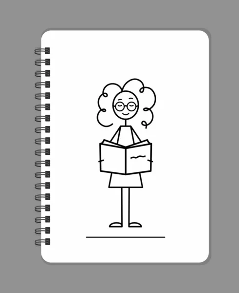 Bookworm Booklover Sketch Curly Girl Enjoy Literature Black Line Vector — 스톡 벡터