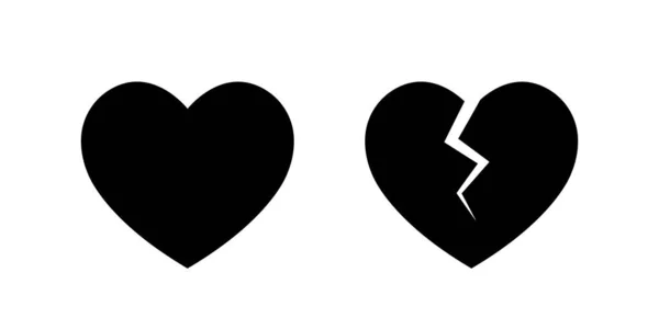 Two Black Heart Icons Broken Heart Love Symbol Cracked Heart — Wektor stockowy