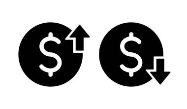 set of cost symbol dollar increase and decrease icon, money, dollar sign with arrow up and down rounded black icon
