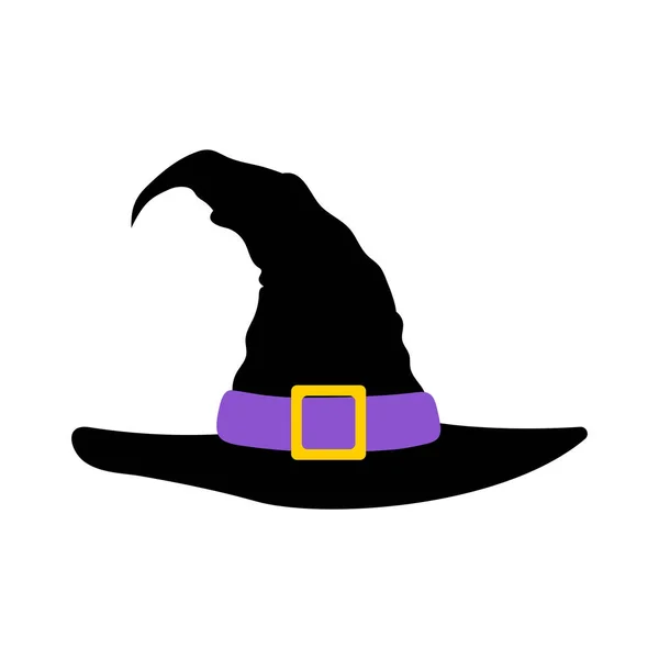 Black Witch Hat Silhouette Flat Vector Illustration Purple Ribbon Yellow — Archivo Imágenes Vectoriales