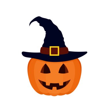 Halloween pumpkin wearing a witch hat on white background, Happy Halloween decoration element, vector illustration