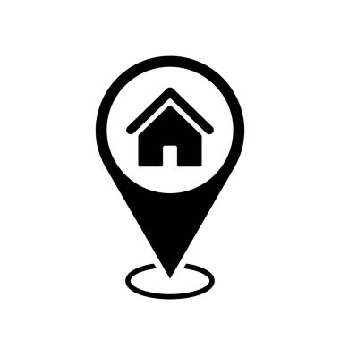 home location map pointer, house icon with location pin, black symbol isolated on white background, vector illustration