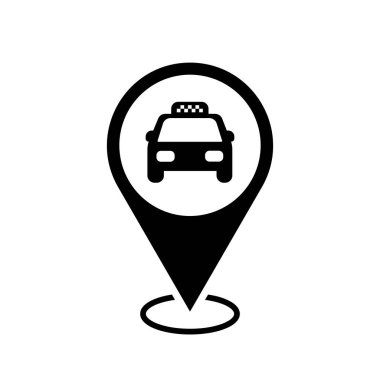 taxi service location map pointer, taxi cab icon with location pin, black symbol isolated on white background, vector illustration