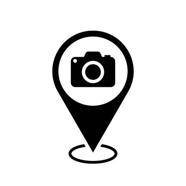sightseeing hotspot location map pointer, photo camera icon with location pin, black symbol isolated on white background, vector illustration