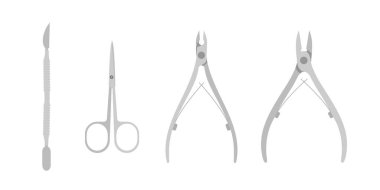 metal manicure tools, vector illustration for beauty school guide, nail care tutorial, traditional manicure set